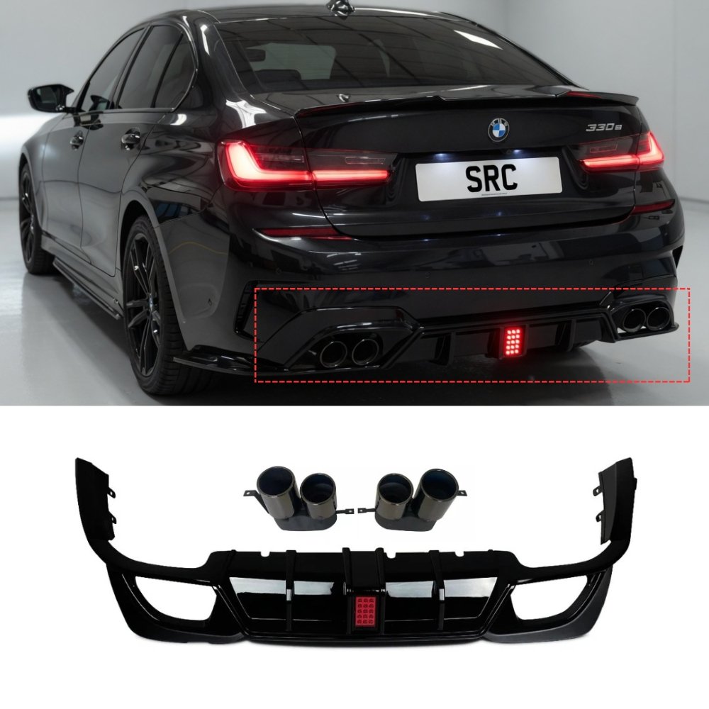 BMW 3 Series G20 M Sport Rear Diffuser Gloss Black with Twin Exhaust Tips & LED 2018–2023