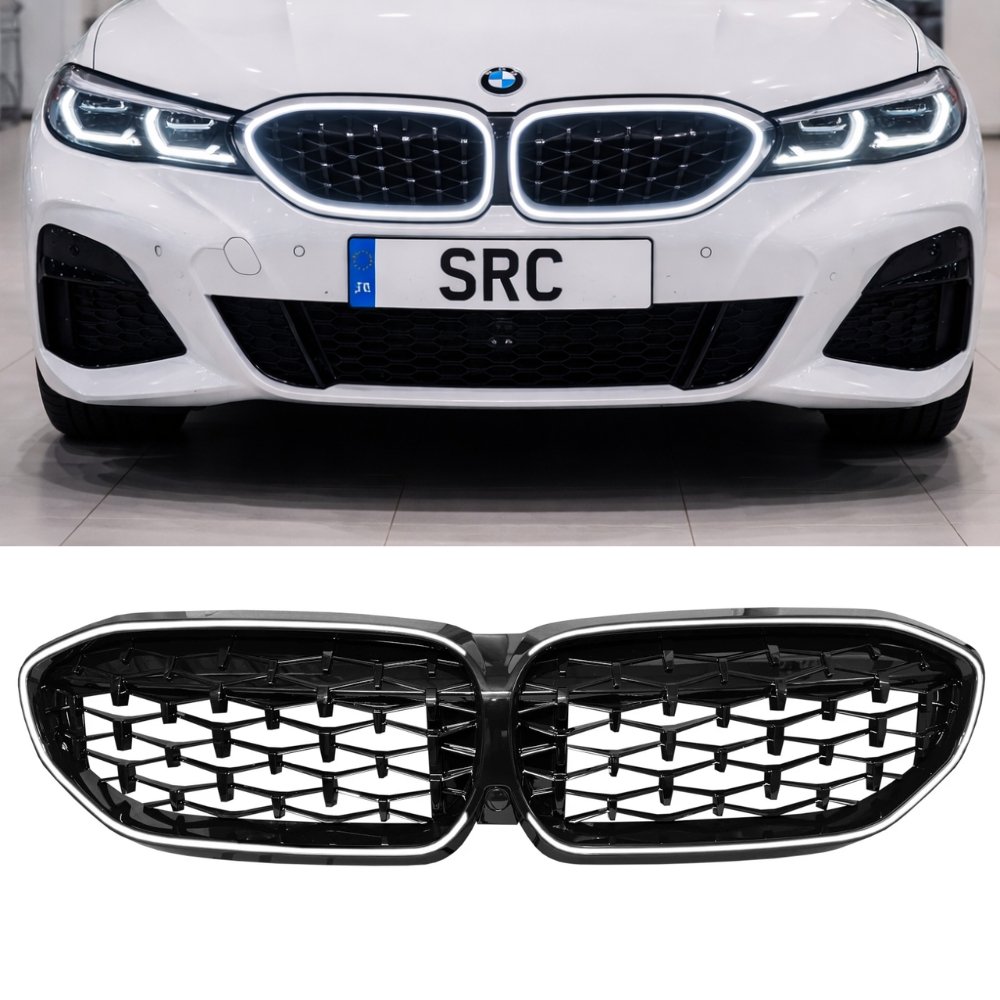 BMW 3 Series G20 G21 Pre-LCI Diamond Style Front Grille with LED Lights Gloss Black 2019–2022