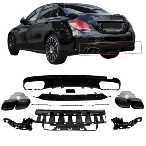 Mercedes C Class W205 S205 C63S AMG Style Rear Diffuser Gloss Black with Black Tips 2014–2021 AMG Line