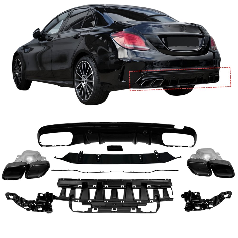 Mercedes C Class W205 S205 C63S AMG Style Rear Diffuser Gloss Black with Black Tips 2014–2021 AMG Line