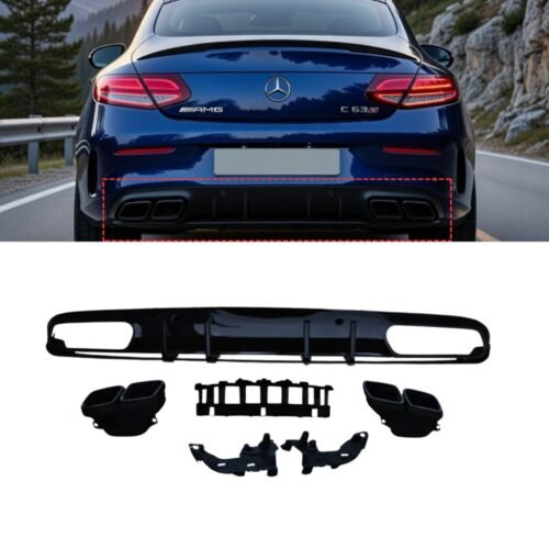 Mercedes C Class C205 A205 C63S AMG Style Rear Diffuser Gloss Black with Black Tips 2015–2019