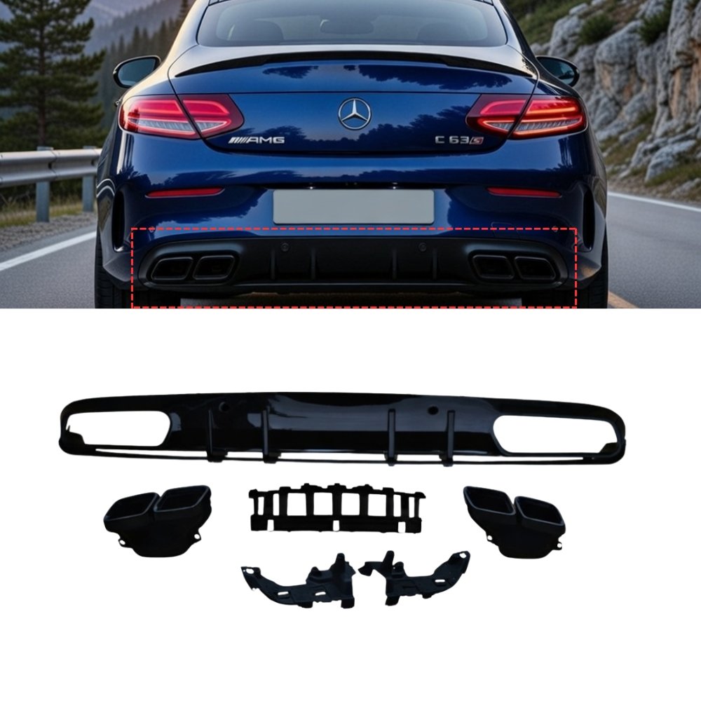 Mercedes C Class C205 A205 C63S AMG Style Rear Diffuser Gloss Black with Black Tips 2015–2019