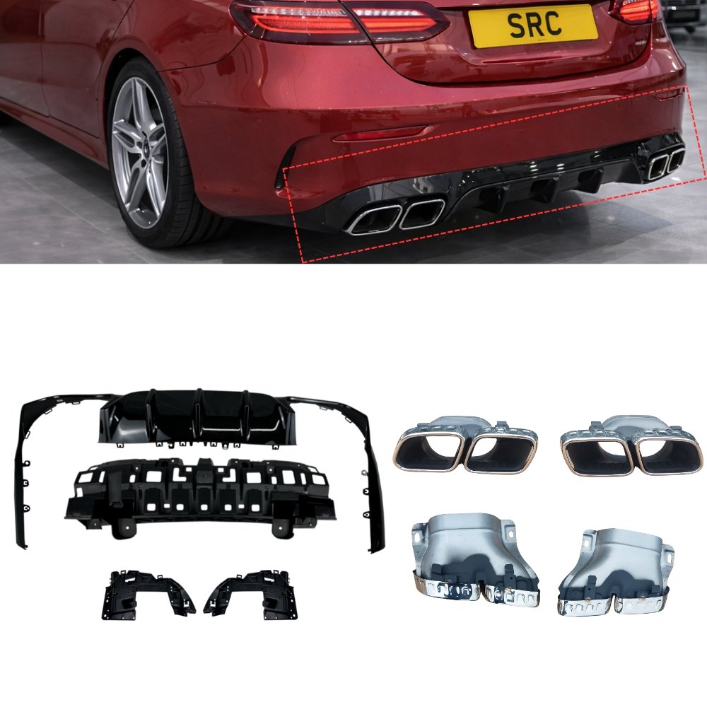 Mercedes E Class C238 A238 E63 AMG Style Rear Diffuser Gloss Black with Silver Tips 2017–2023