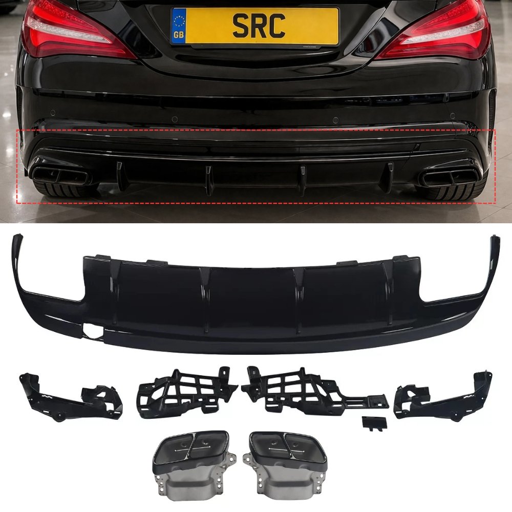 Mercedes CLA C117 CLA45 Style Rear Diffuser Gloss Black with Tailpipes 2013–2019