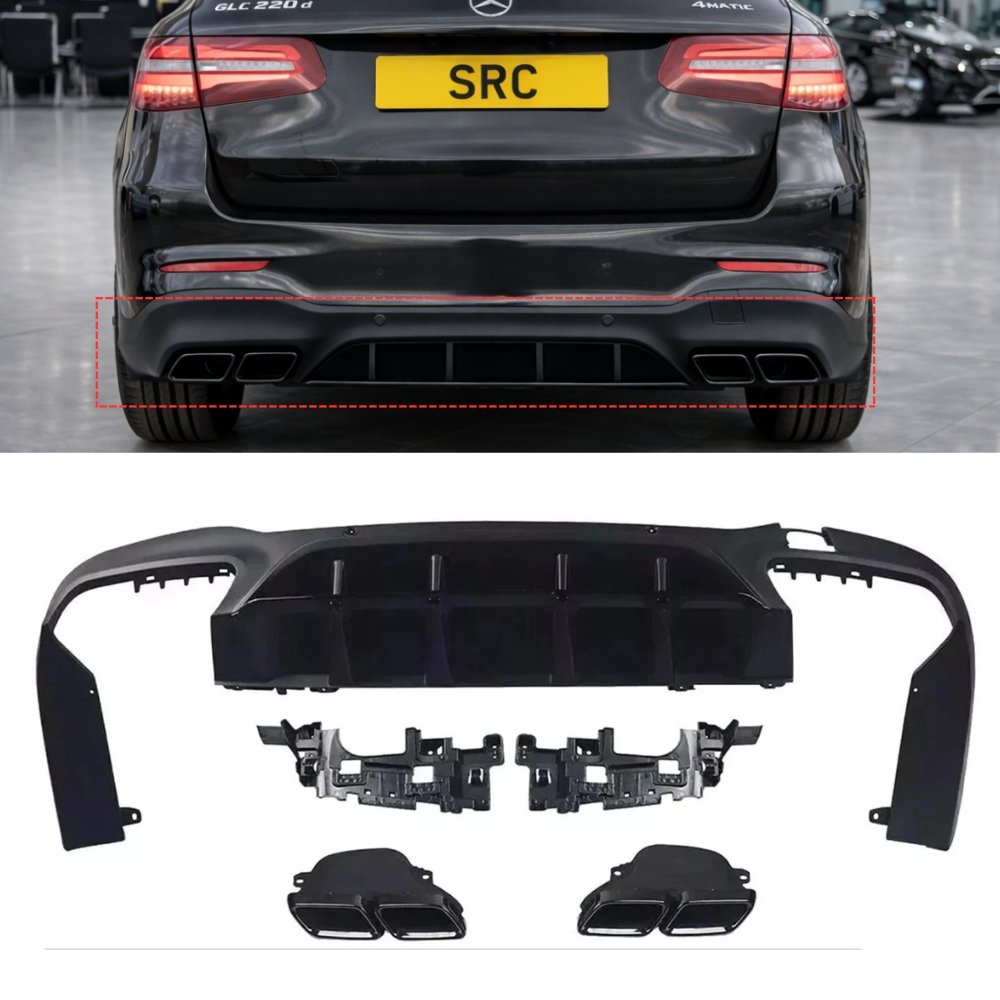 Mercedes GLC X253 GLC63 AMG Style Rear Diffuser Gloss Black with Black Quad Tips 2016–2019