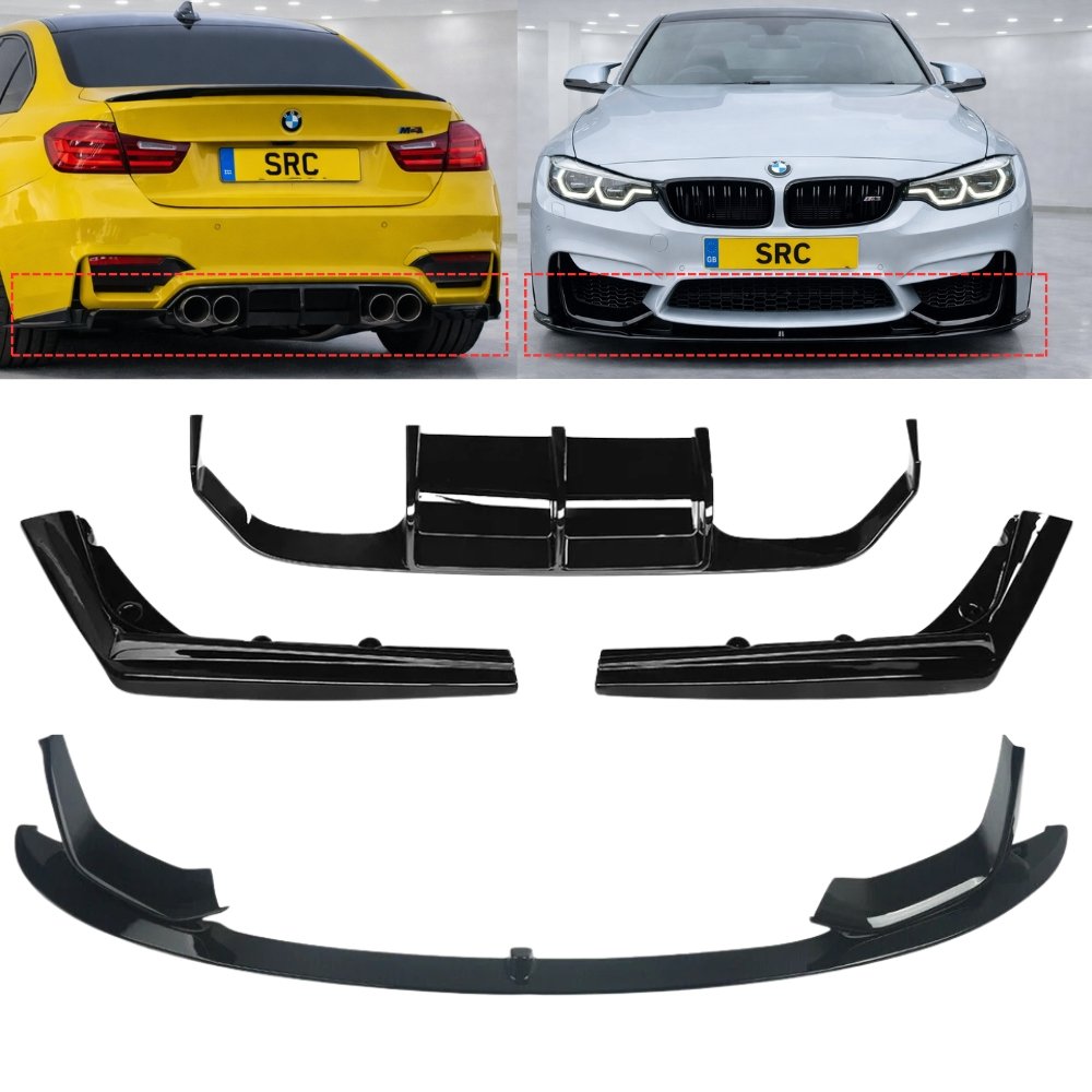 BMW M3 M4 F80 F82 F83 Front Splitter & Rear Diffuser V Style Kit Gloss Black 2014–2020