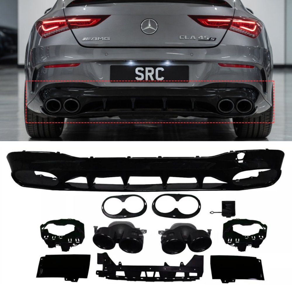 Mercedes CLA C118 CLA45 AMG Style Rear Diffuser Gloss Black with Black Tips 2019+