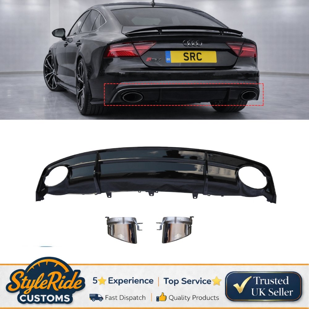 Audi A7 C7 Facelift S Line RS7 Style Rear Diffuser Gloss Black with Silver Tips 2016–2018