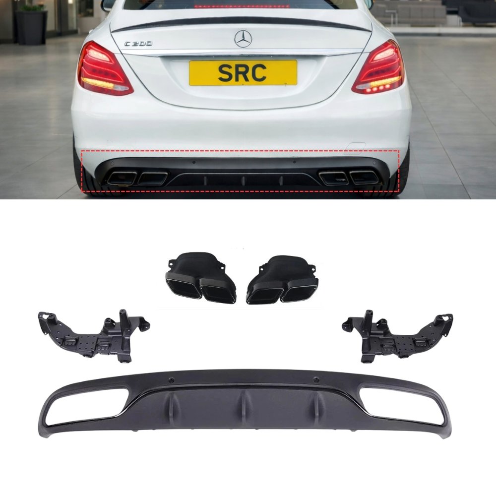 Mercedes C Class W205 S205 C63 AMG Style Rear Diffuser Gloss Black with Quad Tips 2013–2019 (Non-AMG Bumper)