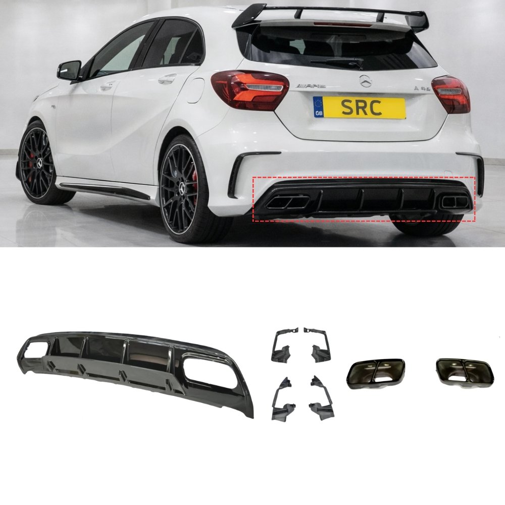 Mercedes A Class W176 A45 AMG Style Rear Diffuser Gloss Black with Exhaust Tips 2012–2018