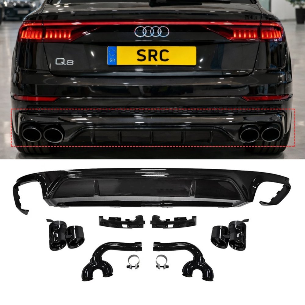 Audi Q8 SQ8 Style Rear Diffuser Gloss Black with Black Exhaust Tips 2018+