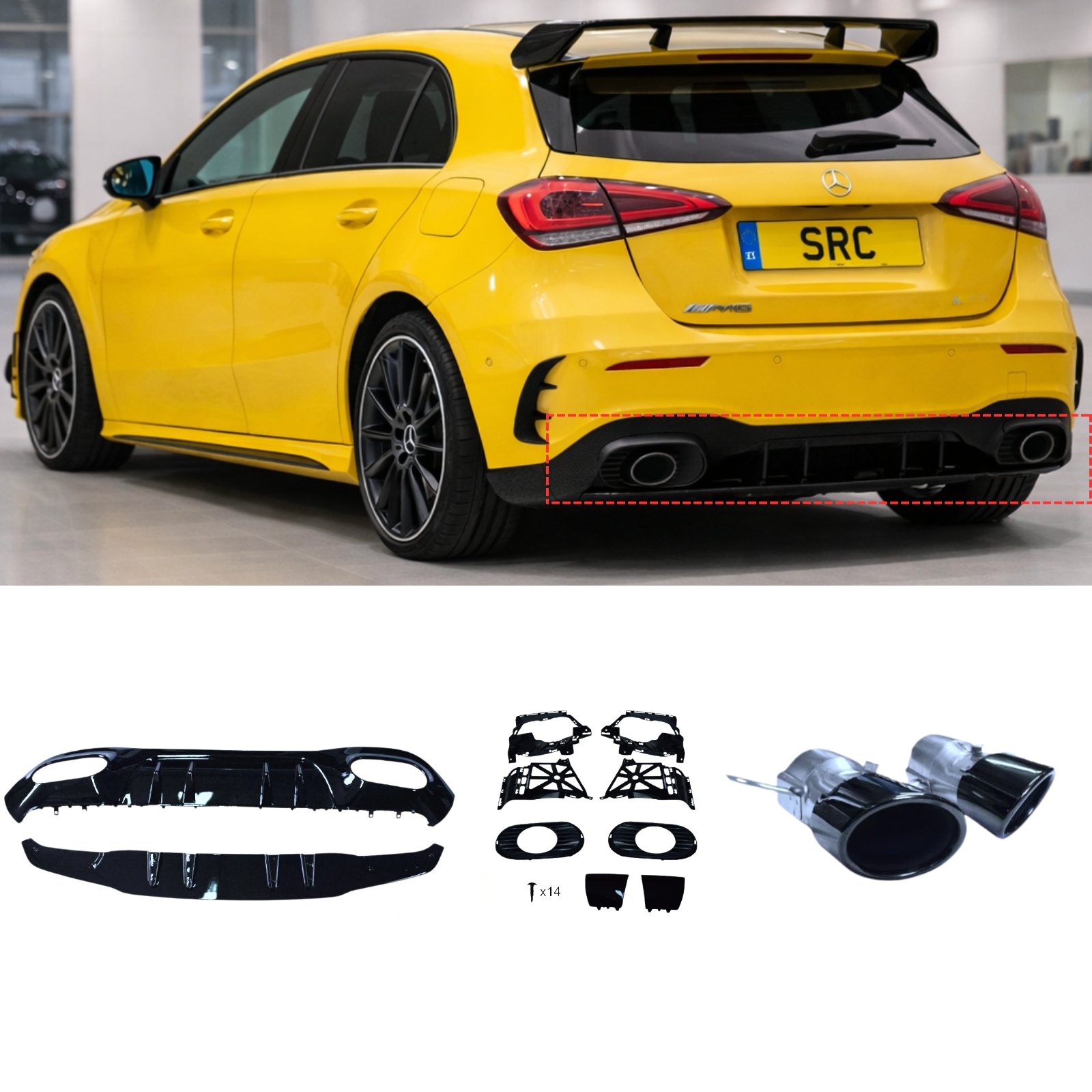 Mercedes A Class W177 A35 AMG Style Rear Diffuser Gloss Black with Oval Black Tips 2018+