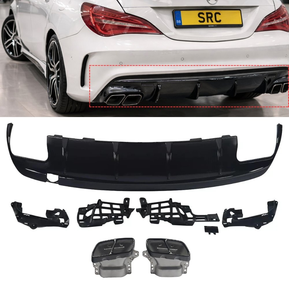 Mercedes CLA C117 CLA45 Style Rear Diffuser Gloss Black with Tailpipes 2013–2019
