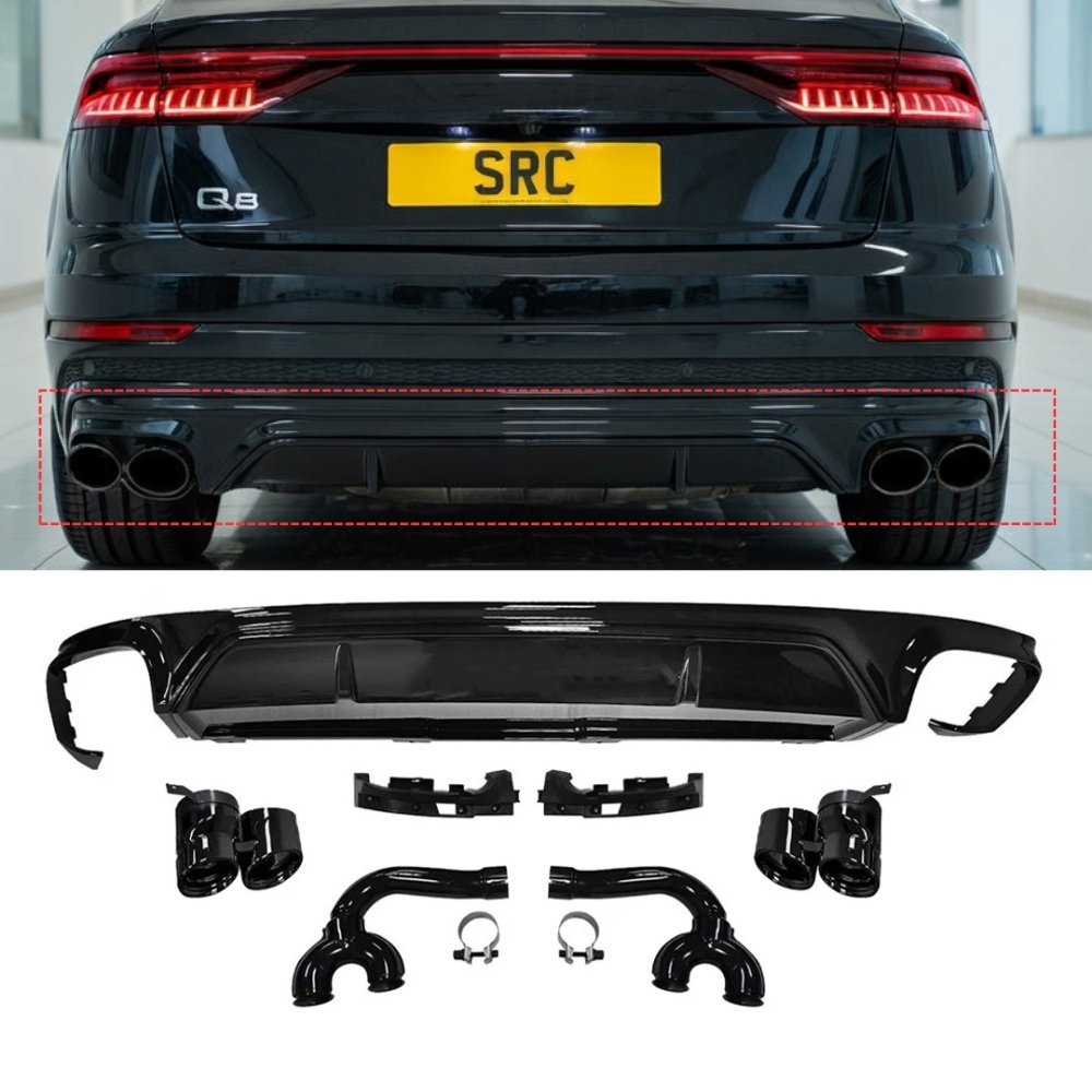 Audi Q8 SQ8 Style Rear Diffuser Gloss Black with Black Exhaust Tips 2018+