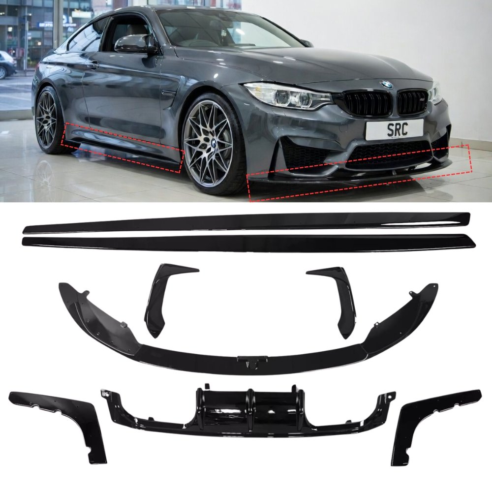BMW M3 M4 F80 F82 F83 Full Body Kit Splitter Diffuser Side Skirts Blades Gloss Black 2014–2020