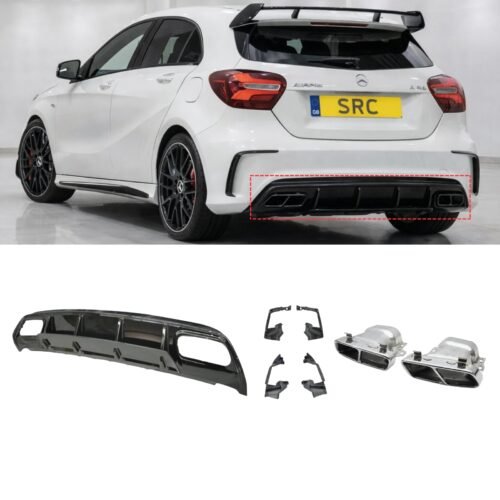 Mercedes A Class W176 A45 AMG Look Rear Diffuser Gloss Black with Silver Exhaust Tips 2012–2018