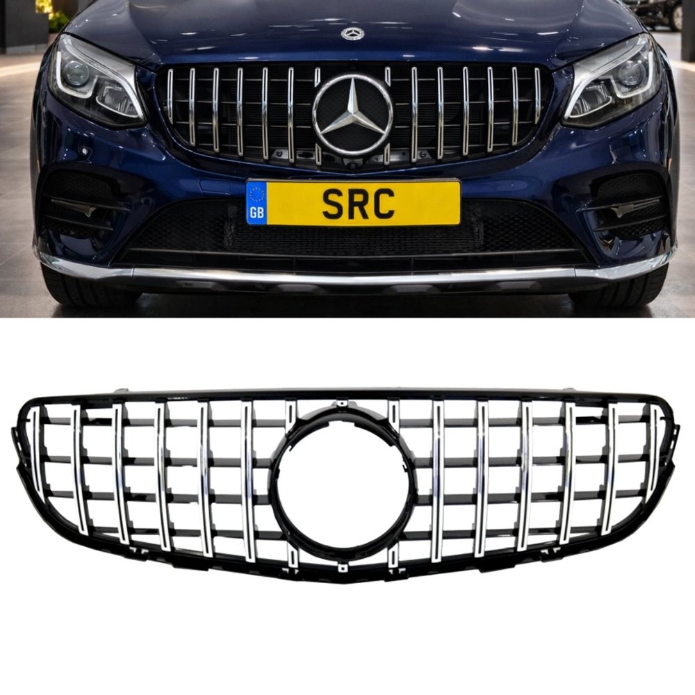 Mercedes GLC X253 C253 Panamericana GT Style Front Grille Gloss Black Chrome Trim 2015–2018