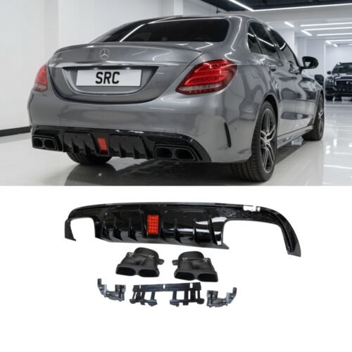 Mercedes C Class W205 B Style Rear Diffuser & Black Tailpipes Gloss Black 2015–2021