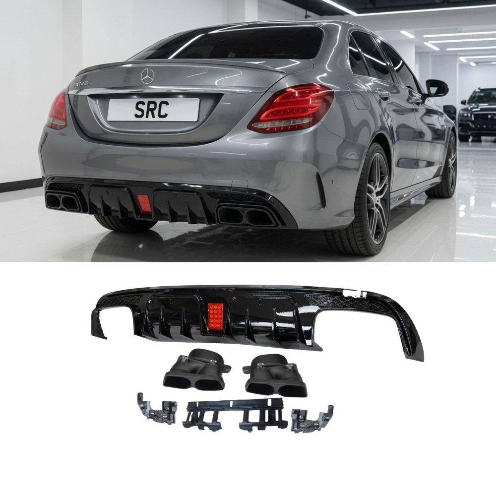 Mercedes C Class W205 B Style Rear Diffuser & Black Tailpipes Gloss Black 2015–2021
