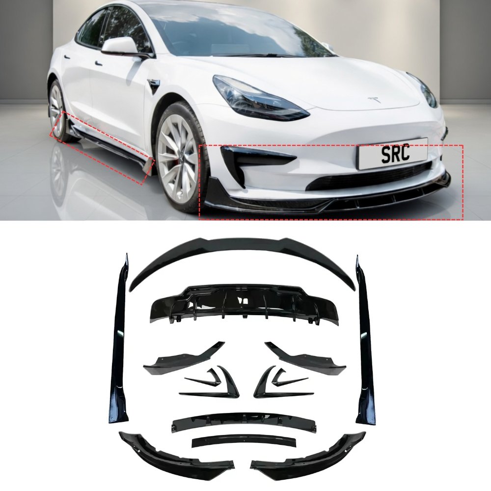 Tesla Model 3 Aero Body Kit Front Splitter Diffuser Side Skirts Spoiler Gloss Black 2017–2023