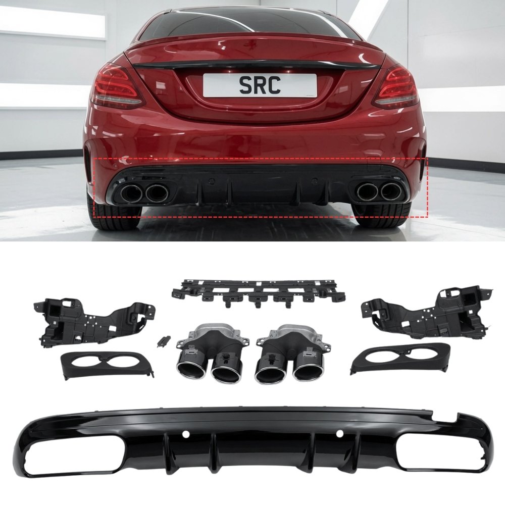 Mercedes C Class W205 C43 AMG Style Rear Diffuser & Tailpipes Gloss Black 2014–2018