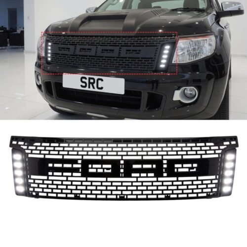 Ford Ranger T6 Mesh Front Grille with DRL LED Lights Matte Black 2012–2015