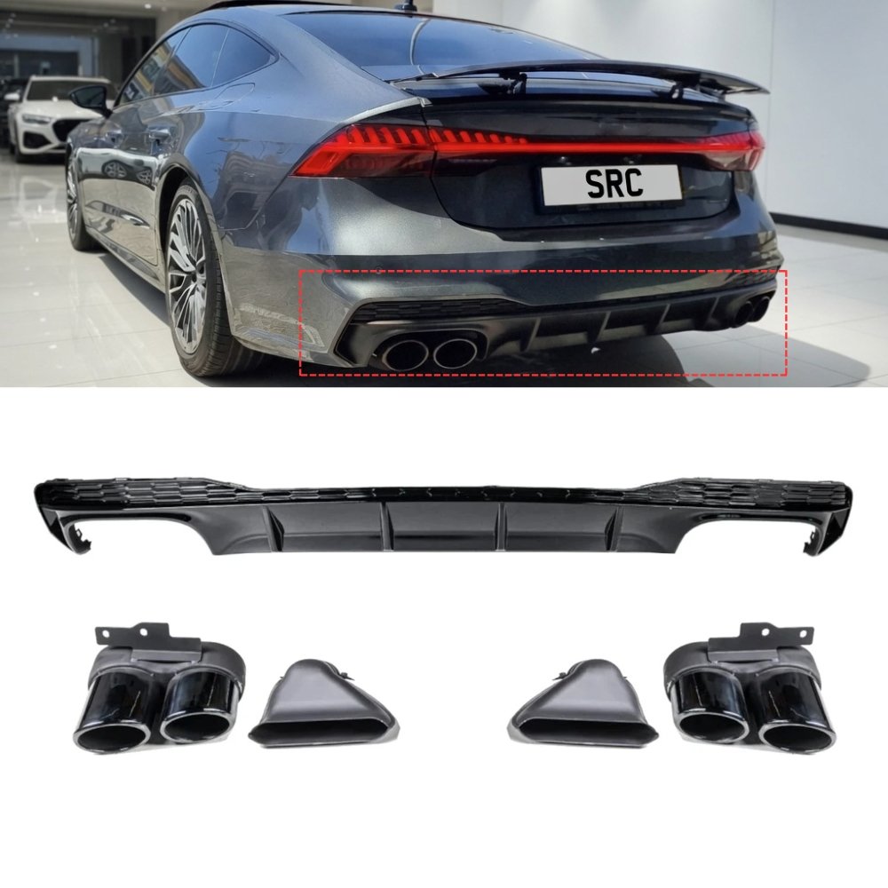 Audi A7 4K S Line S7 Style Rear Diffuser with Black Exhaust Tips Gloss Black 2019–2024