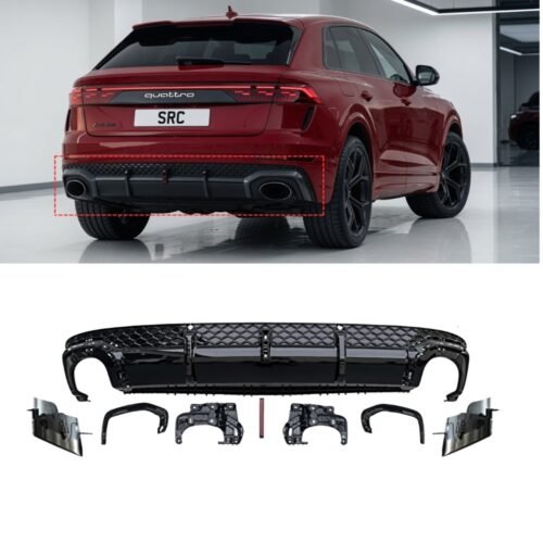 Audi Q8 SQ8 RSQ8 Style Honeycomb Rear Diffuser with Black Quad Tailpipes Gloss Black 2019–2023