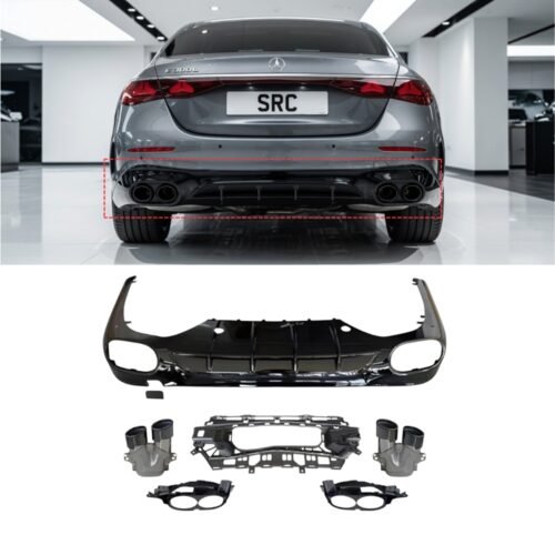 Mercedes E-Class W214 AMG Line E53 Style Rear Diffuser with Black Quad Tailpipes Gloss Black 2024+