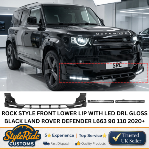 ROCK STYLE LOWER LIP WITH LED DRL LIGHT GLOSS BLACK FOR DEFENDER 110 90 L663 20+